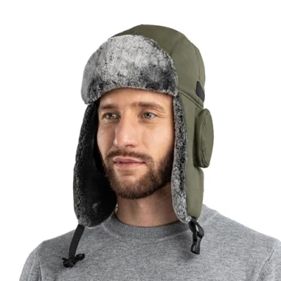 Image of HunterBee Womens Ladies Waterproof Winter Bomber Ushanka Russian Hat Eskimo Fur Hunting Skiing Trapper Trooper Hats with Ear Flaps Aviator Warm Snow Green