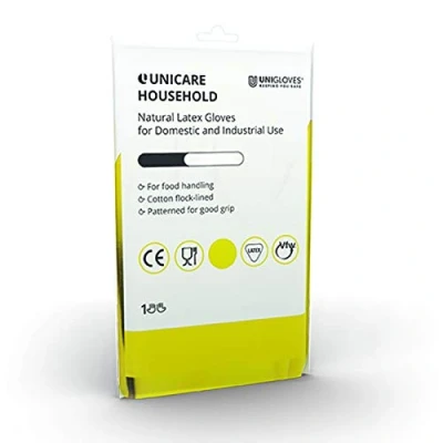 Image of Unigloves Unicare Household Power Free Reusable Latex Gloves, 1 Pair, Yellow, Small (UCHG3002Y)