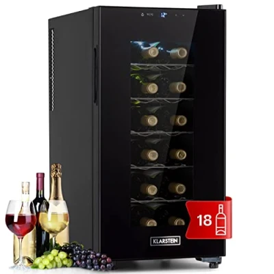 Image of KLARSTEIN Free standing Wine Cooler Drinks Fridge, Single Zone Fridges Cooler, Indoor/Outdoor Small Beer Fridge with Glass Door, UV Protection Refrigerator w/Touch Pad, 4 22C, 18 Bottles