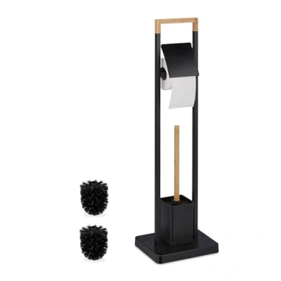 Image of Relaxdays WC Set, Bamboo, Stainless Steel, Free Standing, 2 Spare Heads, Toilet Roll &amp; Brush Holder, Black/Natural, 77 x 23 18 cm