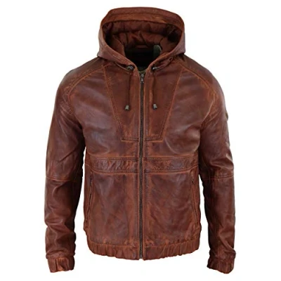 Image of Mens Real Leather Hood Bomber Jacket Tan Brown Black Zipped Tailored Fit Casual XXL
