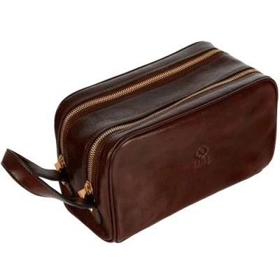 Image of Leather Cosmetic Bag Toiletry Italian Classy Dopp Kit Brown Time Resistance (Cognac)