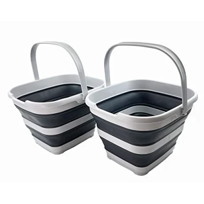 Image of SAMMART 10L Collapsible Rectangular Handy Basket/Bucket (Grey/Charcoal Black (Set of 2))