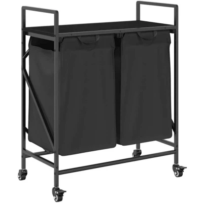 Image of vidaXL Laundry Basket 2 Compartments with Wheels Black Oak