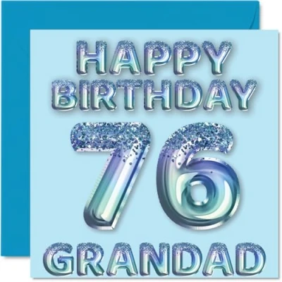 Image of 76th Birthday Card for Grandad Blue Glitter Party Balloons Happy Cards 76 Year Old from Grandson Granddaughter, 145mm x Bday Greeting Gift