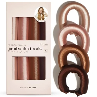 Image of Kitsch Satin Heatless Curling Rod XL Hair Curler w/Reliable Snap Curls Overnight Soft Rollers to Sleep In No Heat Curlers for Short 4pcs Rosewood