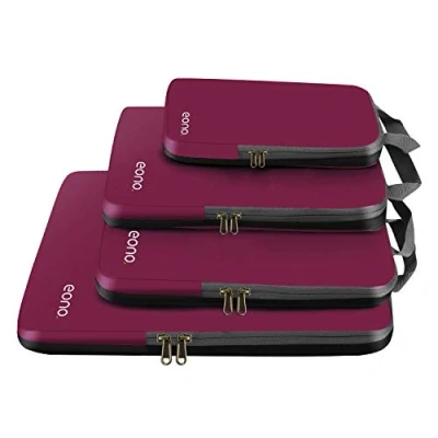 Image of Eono Compression Packing Cubes, Luggage Organiser Set, Extensible Suitcase Organiser, Organisers for Suitcases, Cubes Travel or Home Storage Burgundy, 4 Set