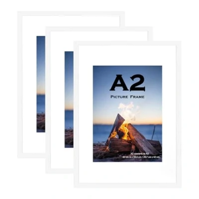 Image of White Wooden Picture Frame A2(42x59.4cm) with Mat,Set of 3, Mount for A3 or Certificate,Wall Mountable