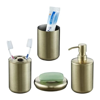 Image of Relaxdays Bathroom Accessory Set, 4 Piece, Soap Dispenser, Dish, Toothbrush Holder, Cup, Stainless Steel, Gold, 17 x 7.5 cm