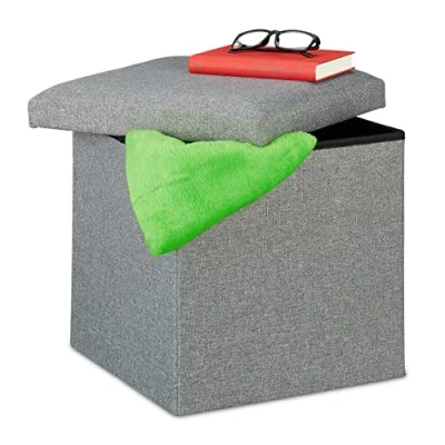 Image of Ottoman, Seat Stool with Storage Space, Foldable, Upholstered, Fabric, Cube, HxWxD 37 x 37.5 cm, Grey Relaxdays