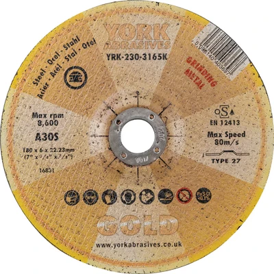 Image of York Abrasives Gold 180 X 6 22MM A30 S Reinforce Grinding Discs for Metal Type 27 Depressed Centre (DPC)