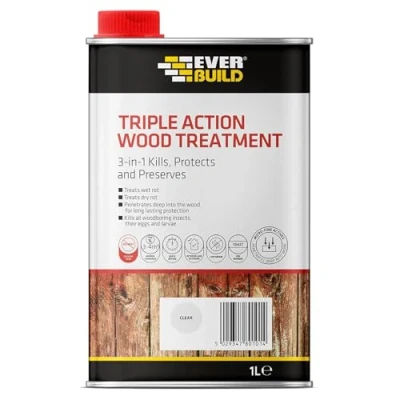 Image of Everbuild Triple Action (Kills, Protects And Preserves) Wood Treatment Lasting Protection From Damage Caused By Rot, Fungi Boring Insects Clear 1 Litre