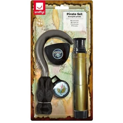 Image of Smiffy&#039;s Pirate Set with Hook Telescope Compass and Eyepatch