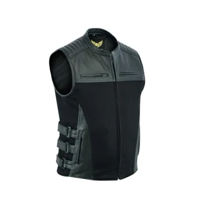 Image of Leatherick Men&#039;s Motorcycle Warrior Style Tactical Leather Waistcoats Biker Vests (2XL, (Denim &amp; Leather))