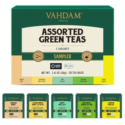 Image of VAHDAM, Assorted Green Tea Sampler Gift Set (5 Flavors, 4 Bags Each) Gluten Free Variety Pack Long Leaf Pyramid Gifts for Him/Her Women &amp; Men