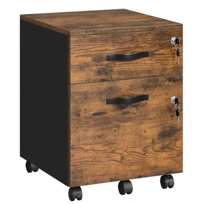 Image of VASAGLE Rolling Filing Cabinet, Lockable File Cabinet with 2 Drawers, 5 Castors, Adjustable Hanging Rail, for A4, Letter Size Files, Rustic Brown and Ink Black LCD022K01