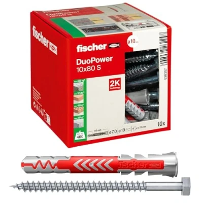 Image of Fischer DuoPower 10 x 80 S, Powerful Universal Plug with Safety Screw, Intelligent 2 Component Technology for fastenings in Concrete, Bricks, Stone, etc., Plugs &amp; Screws