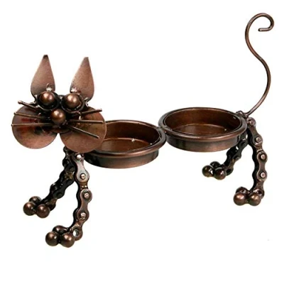 Image of Recycled Burished Bronze Coloured Metal CAT SHAPED Tealight Candle Holder 18.5cm