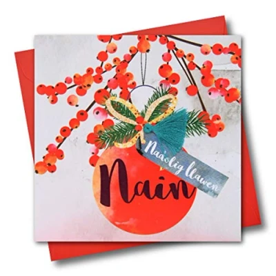 Image of Welsh Nana Christmas Card, Nadolig Llawen Nain, Bauble, Tassel Embellished