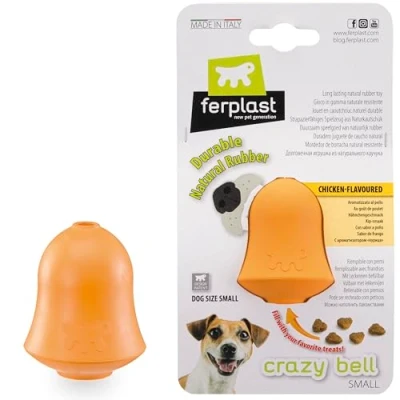 Image of Ferplast CRAZY BELL Dog Toy Refillable Dispenser for Extended Training Chicken Flavored Chewing Irregular Bouncing Ultra Durable Natural Rubber Small Dogs, Size S