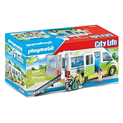 Image of Playmobil 71329 City Life school Bus, Large bus with sliding door and folding ramp for wheelchair, educational toy, fun imaginative role play, playsets suitable children ages 4+