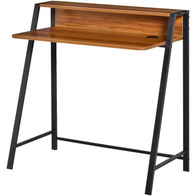 Image of HOMCOM 2 Tier Workstation Computer Laptop Desk Home Office Table w/Shelf Walnut