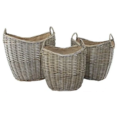 Image of Red Hamper Set of 3 Scoop Neck Antique Wash Hessian Lined Wicker Log Basket, Brown, H43 x W38 D44cm