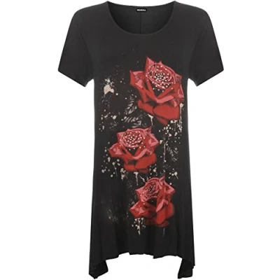 Image of WearAll Ladies Plus Size Glitter Rose Print Hanky Hem Womens Short Sleeve Long Top Black 20/22
