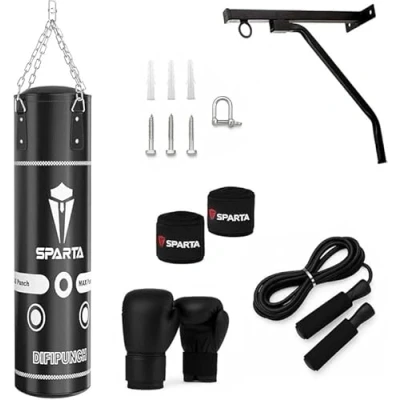Image of Punch Bag Boxing Training, Filled 5ft 4ft Heavy Duty set, Wall Bracket Punching Gloves Steel Chain, Kickboxing MMA Grappling Muay Thai Karate BJJ, Adult Home Gym Fitness (3FT)