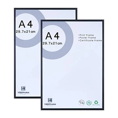 Image of A4 Aluminum Black Photo Frame with Perspex Safety Glass front,21x30cm Metal Picture Collection,Certificate wall Gallery Collage Frames for mount and tabletop display,Set of 2