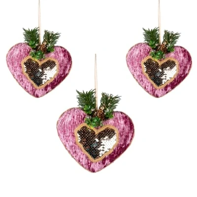 Image of 3Pcs Pink Burgundy Heart 16.5cm Christmas Tree Hanging Decorations Festive Decorative Ornaments Fairy Tale Themed Xmas Pendant
