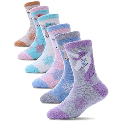 Image of PROETRADE Merino Wool Socks for Kids Boys Toddlers Girls Thick Thermal Warm Winter Walking Heavy Cosy Crew Hiking Boot Gift Unicorn 6 Pack(Unicorn，8 12 Y)