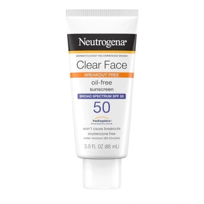 Image of Neutrogena Clear Face Liquid Lotion Sunscreen for Acne Prone Skin, Broad Spectrum SPF 50 UVA/UVB Protection, Fragrance &amp; Oxybenzone Free Facial, Non Comedogenic, Unscented, 3 Fl Oz