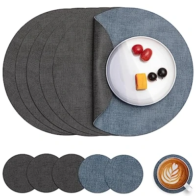 Image of Myir JUN Leather Placemats and Coaster Set of 4, Table Mats Round Waterproof Dual Sided Kitchen Place Coffee Heat Resistant Placemat Non Slip Washable (set 6, Grey Light Blue)