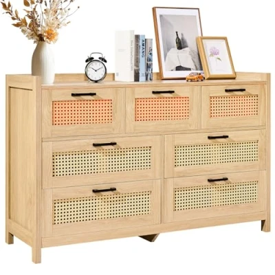 Image of VEVOR 7 Drawer Rattan Dresser, Natural Wood Dressers with LED Light, Modern Chest Clothing Organizer &amp; Storage Boho Dresser Sturdy Handles Legs, for Bedroom, Living Room Hallway