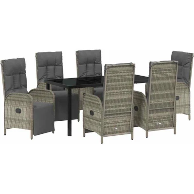 Image of vidaXL 7 Piece Garden Dining Set with Cushions in Grey Poly Rattan