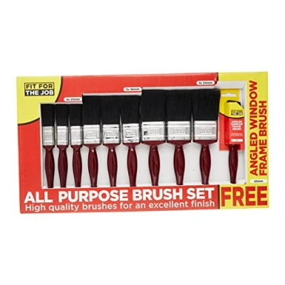 Image of Fit for The Job 9 piece All Purpose Mixed Bristle Paint Brush Set + Free Window a Smooth Finish Painting with Emulsion, Gloss and Satin Paints on Walls, Ceilings, Wood Metal
