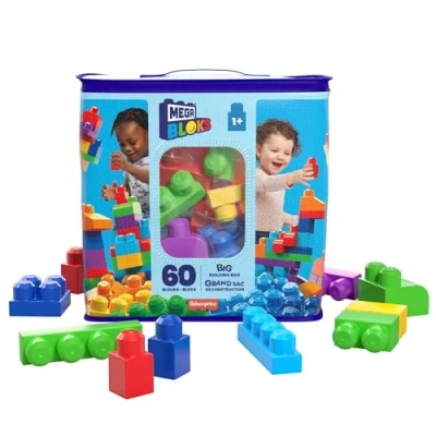 Image of MEGA BLOKS big building Bag set with 60 and colorful blocks, 1 storage bag, toy gift for ages up, DCH55