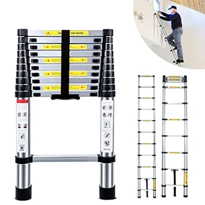 Image of Retractable Ladder 3.2M 10ft with 330lb Load Capacity Aluminium Straight 11 Steps Folding Extendable Multi Use for Household Daily Office Home