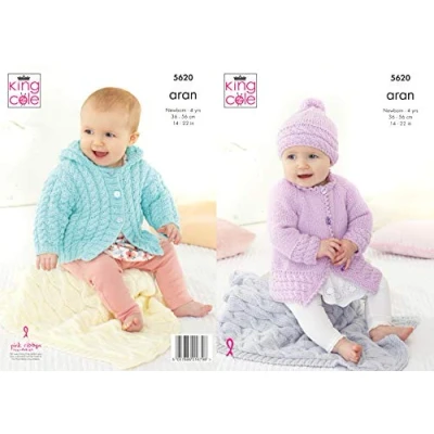 Image of King Cole Aran Knitting Pattern Cable Detail Baby Jackets Hat &amp; Pram Blanket (5620)
