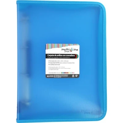 Image of Grafoplás Ring Binder with Zip A4+ Light Blue Multiline 4 Mixed Rings 25 mm Vertical Ruled Polypropylene Cover Extra Capacity for Sheets of Paper Format Folio