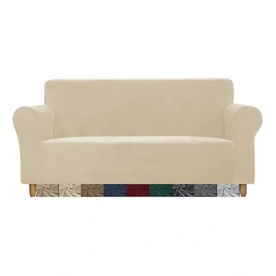 Image of CMAKER Velvet Sofa Covers Couch Cover 2 Seater Stretch with Non Slip Elastic Bottom Furniture Protector Slipcovers for Pets(2 Seater,Cream)