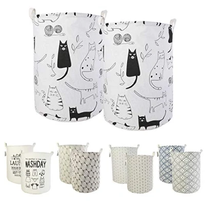 Image of LessMo 2Pcs 19.7&quot; Laundry Hamper, Collapsible Storage Basket With Easy Carry Handles, Waterproof Round Cotton Linen, for Baby Products, Toys, Bedroom Hamper