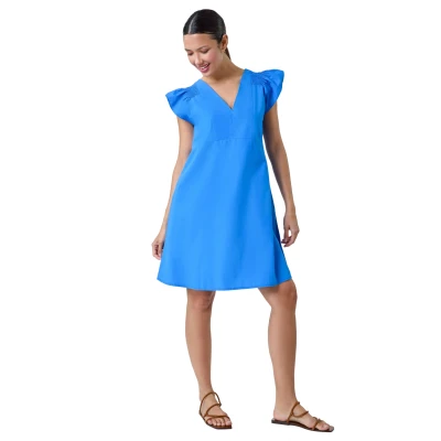 Image of Roman Originals Plain Cotton Frill Sleeve Pocket Dress for Women UK Ladies Everyday Holiday Spring Summer V Neckline Comfy Soft Evening Vacation Work Party Blue Size 12