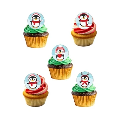 Image of 24 Precut 40mm Round Cute Christmas PENGUINS Edible Wafer Paper Cake Toppers