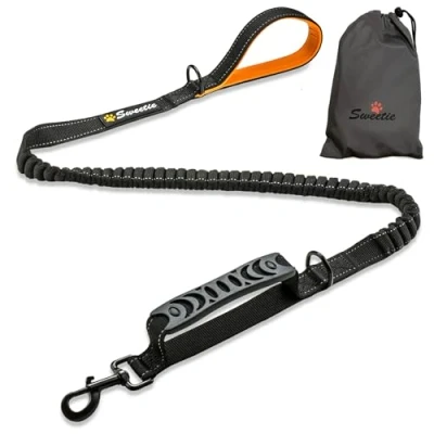 Image of Sweetie Bungee Dog Lead Shock Absorber Strong Leash 4FT to 5.6FT Long with Soft Padded Handle &amp; Traffic Reflective Anti Pull Leads for Walking Medium and Large Dogs. Black