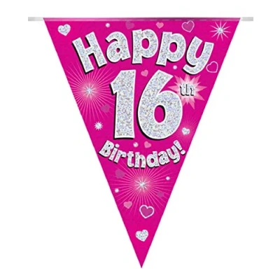 Image of Party Bunting Happy 16th Birthday Pink Holographic 11 Flags 3.9m