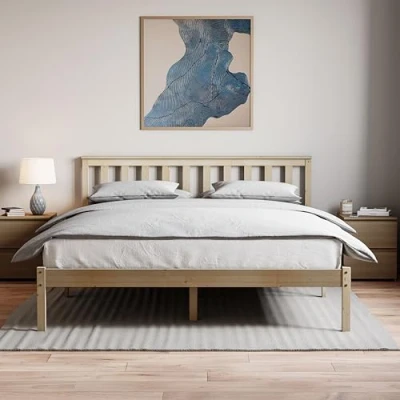 Image of Vida Designs Milan King Size Bed, 5ft, Bed Frame, Solid Pine Wood, Headboard, Low Foot End, Bedroom Furniture,