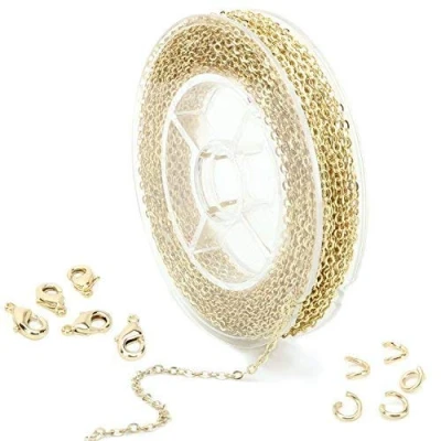 Image of ALEXCRAFT Gold Necklace Chains for Jewellery Making, 33 Feet 1.5mm Curb Cable Spool Brass Plated Chain Craft Bracelet DIY with Bulk 20 Lobster Clasps and 50 Jump Rings