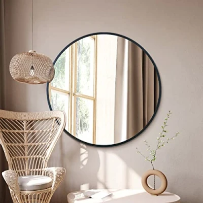 Image of MirrorOutlet The Fenestra Black edged Modern Round Circular Wall Mirror 43&quot; X (110CM 110CM) Silver Glass with Metal Frame